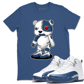 Cyborg Bear sneaker match t-shirt styled to complete your fit with the Air Jordan 12 French Blue sneakers, shown in Denim Blue 1.