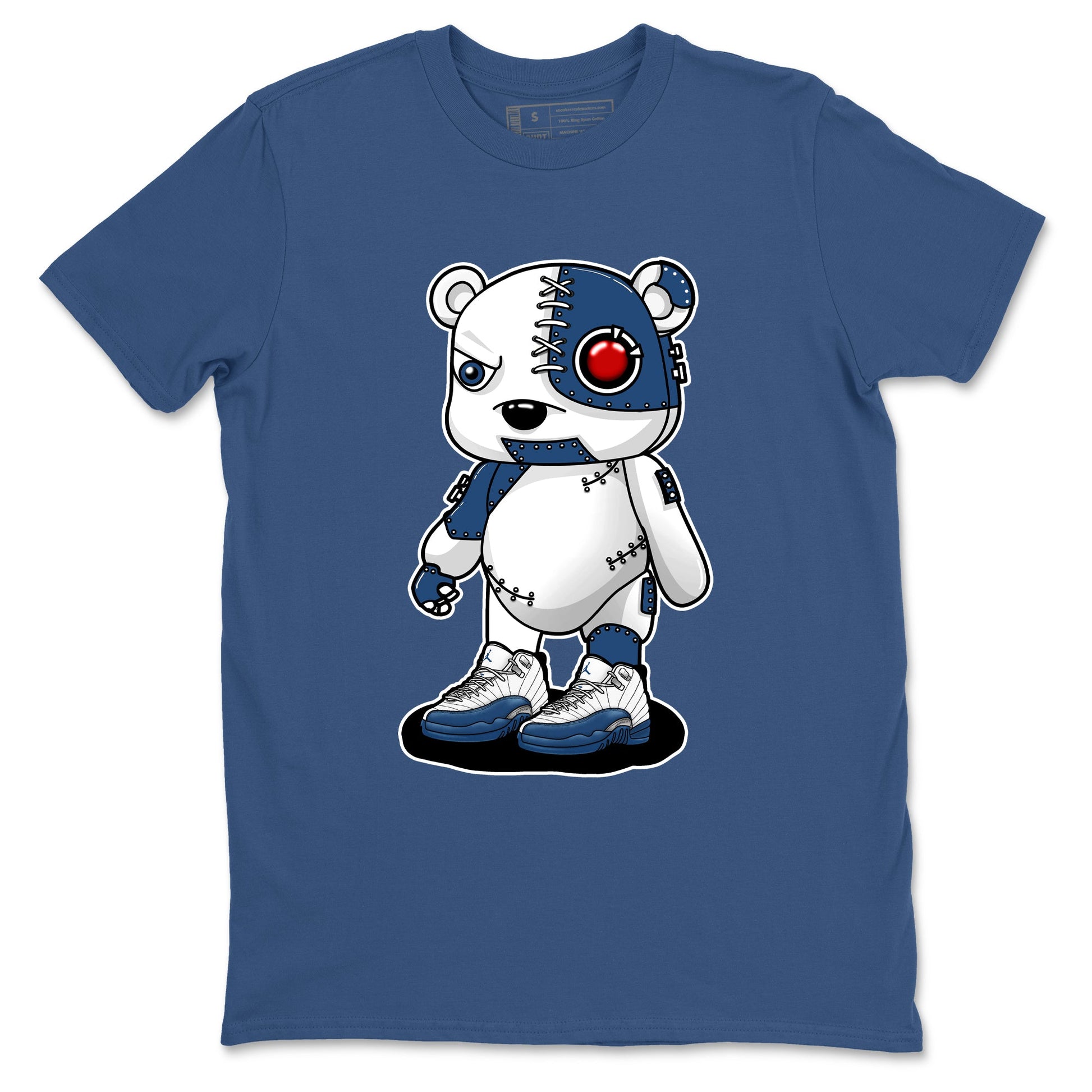 Cyborg Bear sneaker match t-shirt styled to complete your fit with the Air Jordan 12 French Blue sneakers, shown in Denim Blue 2.