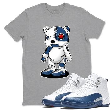 Cyborg Bear sneaker match t-shirt styled to complete your fit with the Air Jordan 12 French Blue sneakers, shown in Heather Grey 1.