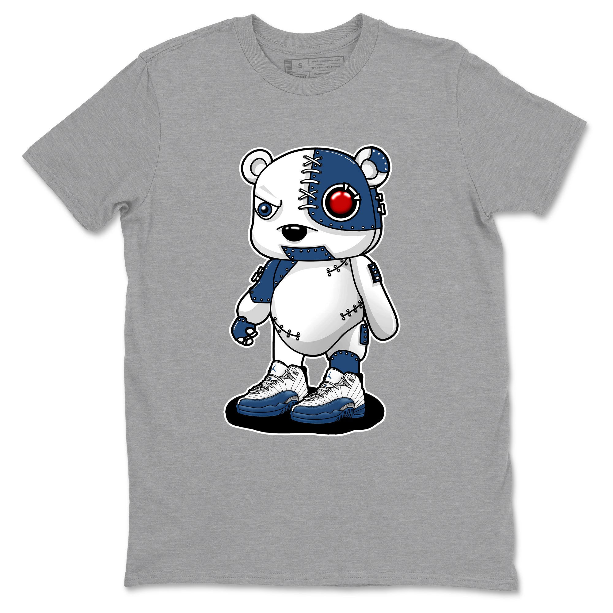 Cyborg Bear sneaker match t-shirt styled to complete your fit with the Air Jordan 12 French Blue sneakers, shown in Heather Grey 2.
