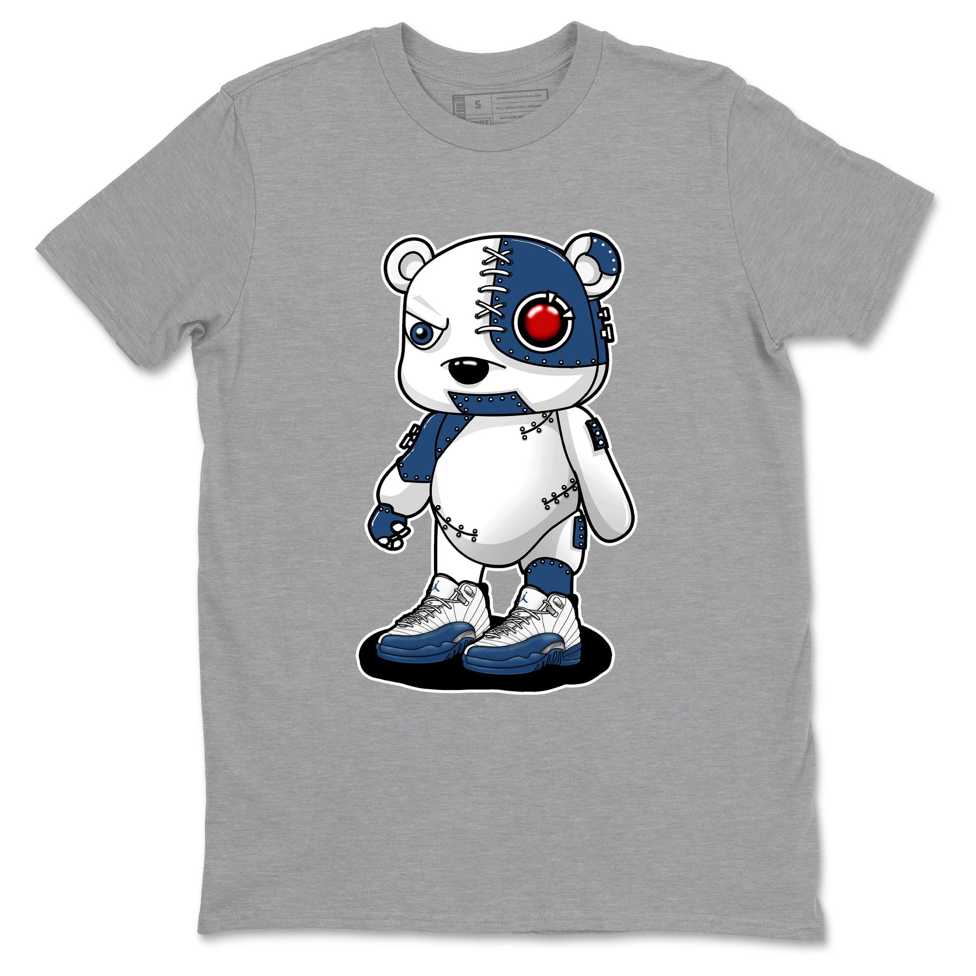 Cyborg Bear sneaker match t-shirt styled to complete your fit with the Air Jordan 12 French Blue sneakers, shown in Heather Grey 2.