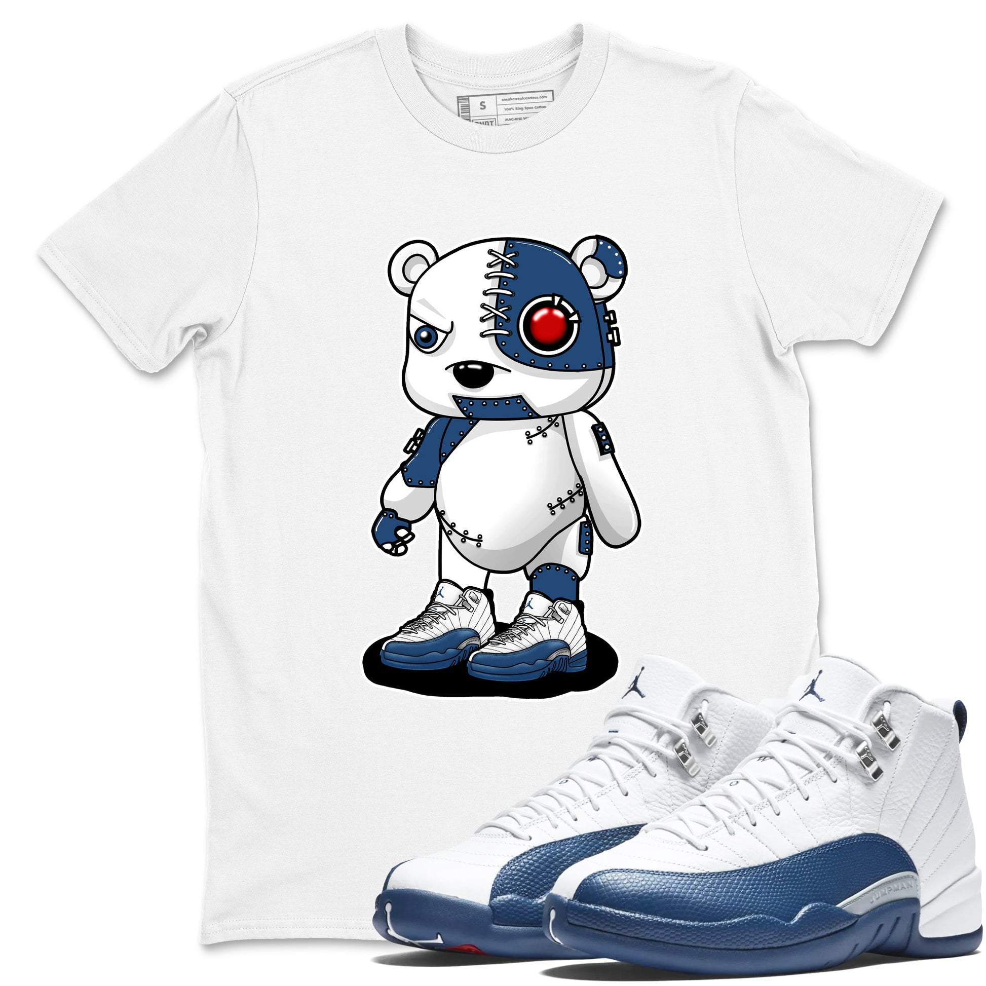 Cyborg Bear sneaker match t-shirt styled to complete your fit with the Air Jordan 12 French Blue sneakers, shown in White 1.