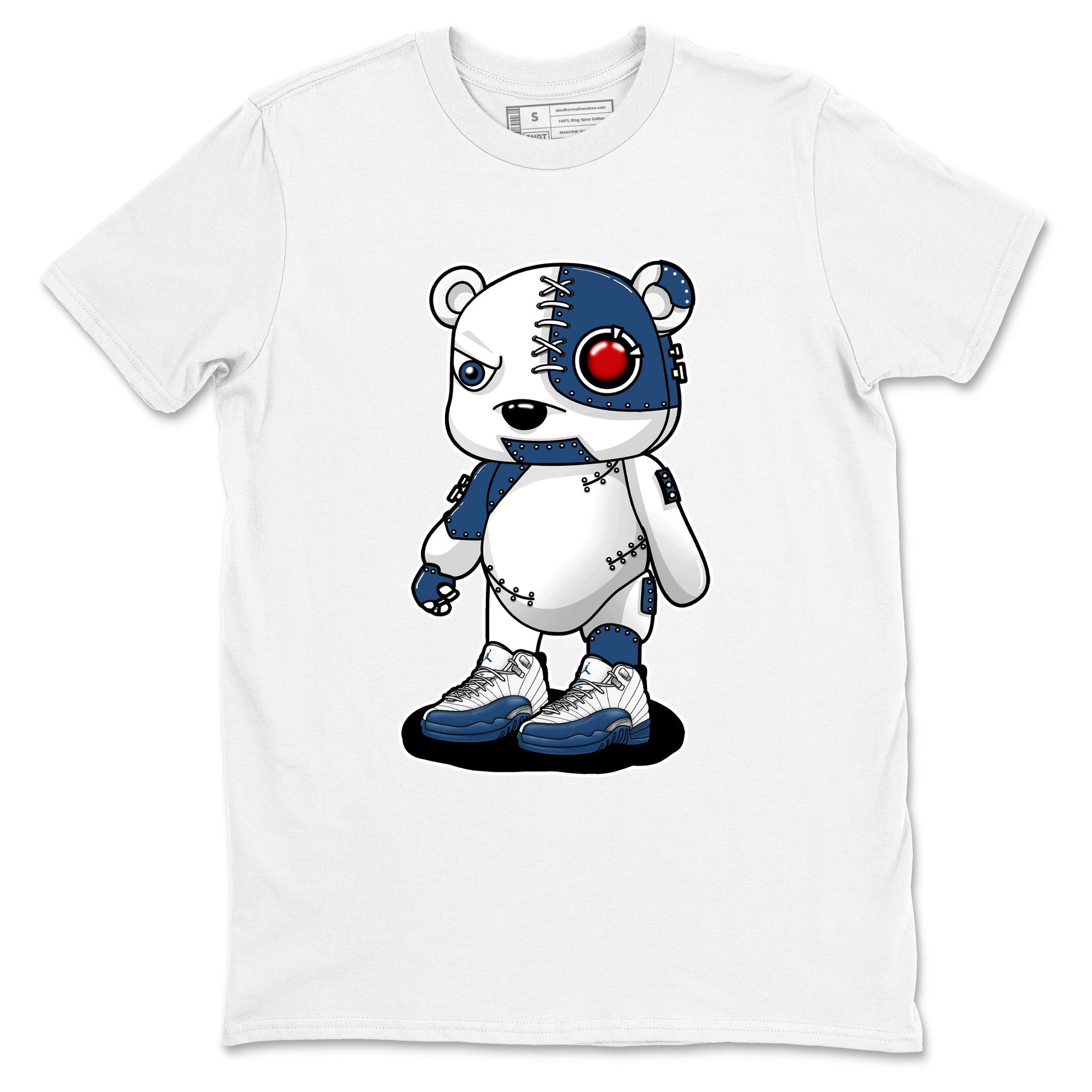 Cyborg Bear sneaker match t-shirt styled to complete your fit with the Air Jordan 12 French Blue sneakers, shown in White 2.