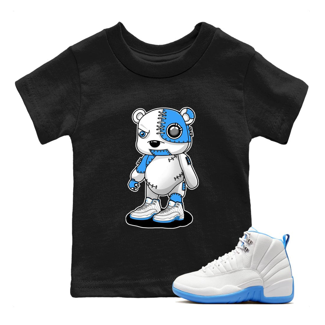 Cyborg Bear baby and kids t-shirt crafted for little sneakerheads to shine with the Air Jordan 12 White and University Blue sneakers, displayed in Black 1.