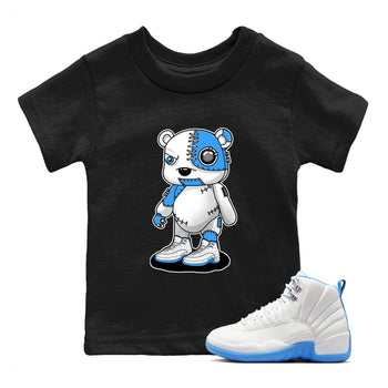 Cyborg Bear baby and kids t-shirt crafted for little sneakerheads to shine with the Air Jordan 12 White and University Blue sneakers, displayed in Black 1.