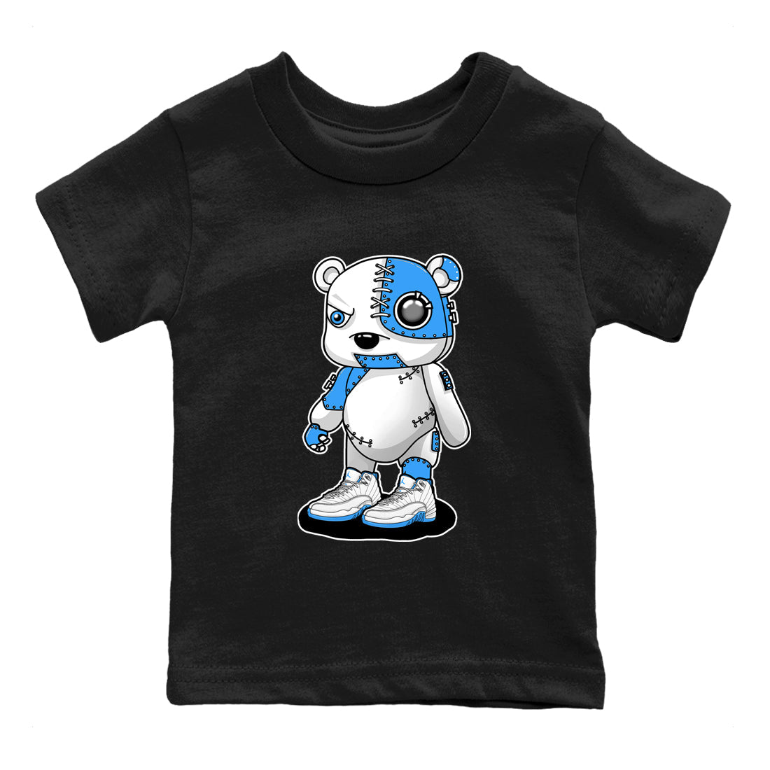 Cyborg Bear baby and kids t-shirt crafted for little sneakerheads to shine with the Air Jordan 12 White and University Blue sneakers, displayed in Black 2.