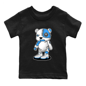 Cyborg Bear baby and kids t-shirt crafted for little sneakerheads to shine with the Air Jordan 12 White and University Blue sneakers, displayed in Black 2.