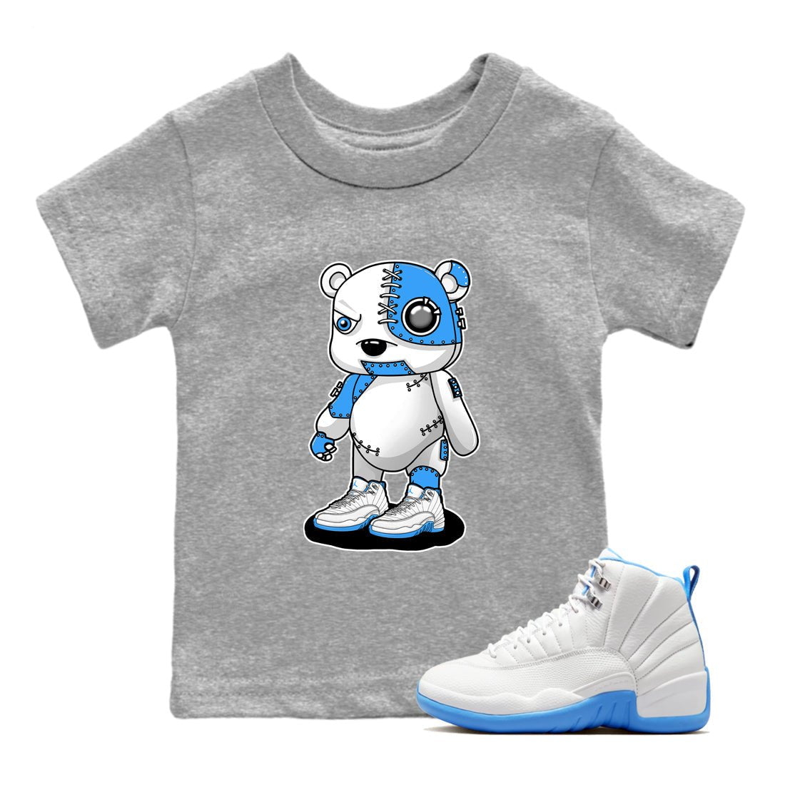 Cyborg Bear baby and kids t-shirt crafted for little sneakerheads to shine with the Air Jordan 12 White and University Blue sneakers, displayed in Heather Grey 1.
