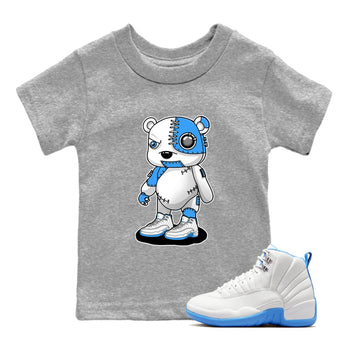 Cyborg Bear baby and kids t-shirt crafted for little sneakerheads to shine with the Air Jordan 12 White and University Blue sneakers, displayed in Heather Grey 1.