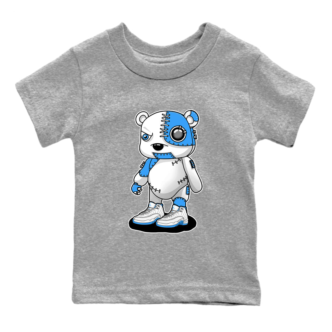 Cyborg Bear baby and kids t-shirt crafted for little sneakerheads to shine with the Air Jordan 12 White and University Blue sneakers, displayed in Heather Grey 2.