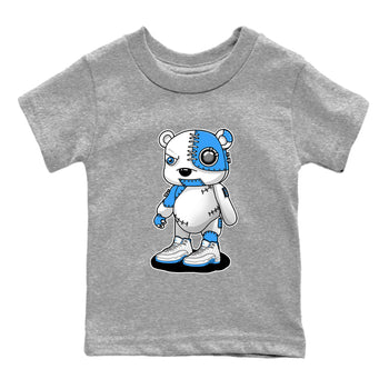 Cyborg Bear baby and kids t-shirt crafted for little sneakerheads to shine with the Air Jordan 12 White and University Blue sneakers, displayed in Heather Grey 2.