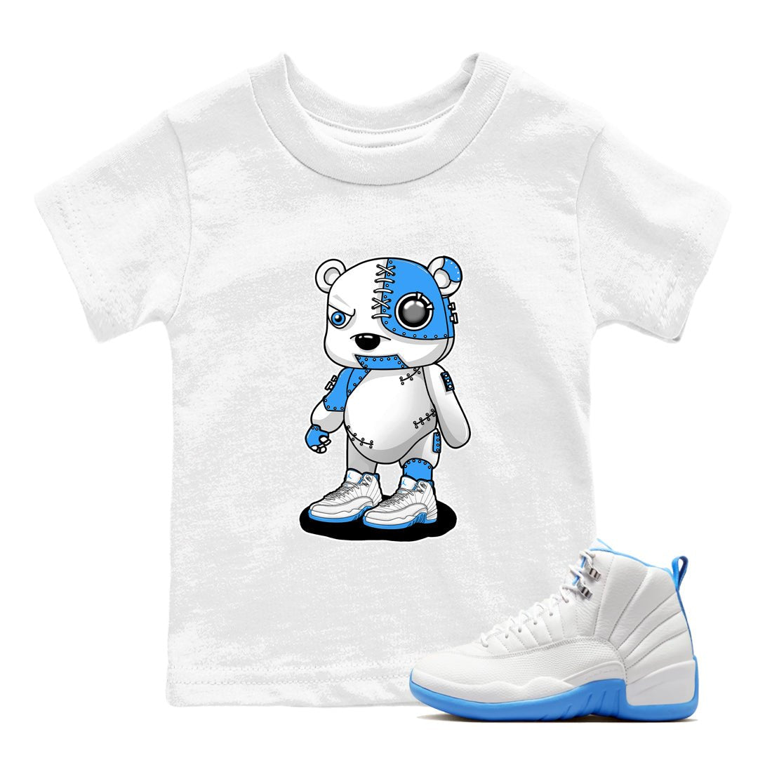 Cyborg Bear baby and kids t-shirt crafted for little sneakerheads to shine with the Air Jordan 12 White and University Blue sneakers, displayed in White 1.