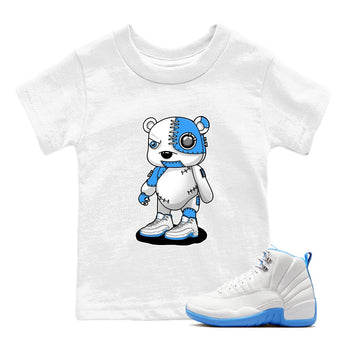 Cyborg Bear baby and kids t-shirt crafted for little sneakerheads to shine with the Air Jordan 12 White and University Blue sneakers, displayed in White 1.