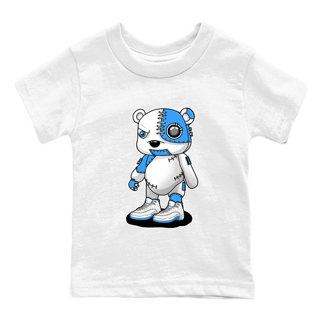 Cyborg Bear baby and kids t-shirt crafted for little sneakerheads to shine with the Air Jordan 12 White and University Blue sneakers, displayed in White 2.