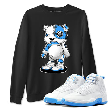 Cyborg Bear sneaker match t-shirt styled to complete your fit with the Air Jordan 12 White and University Blue sneakers, shown in Black 1.