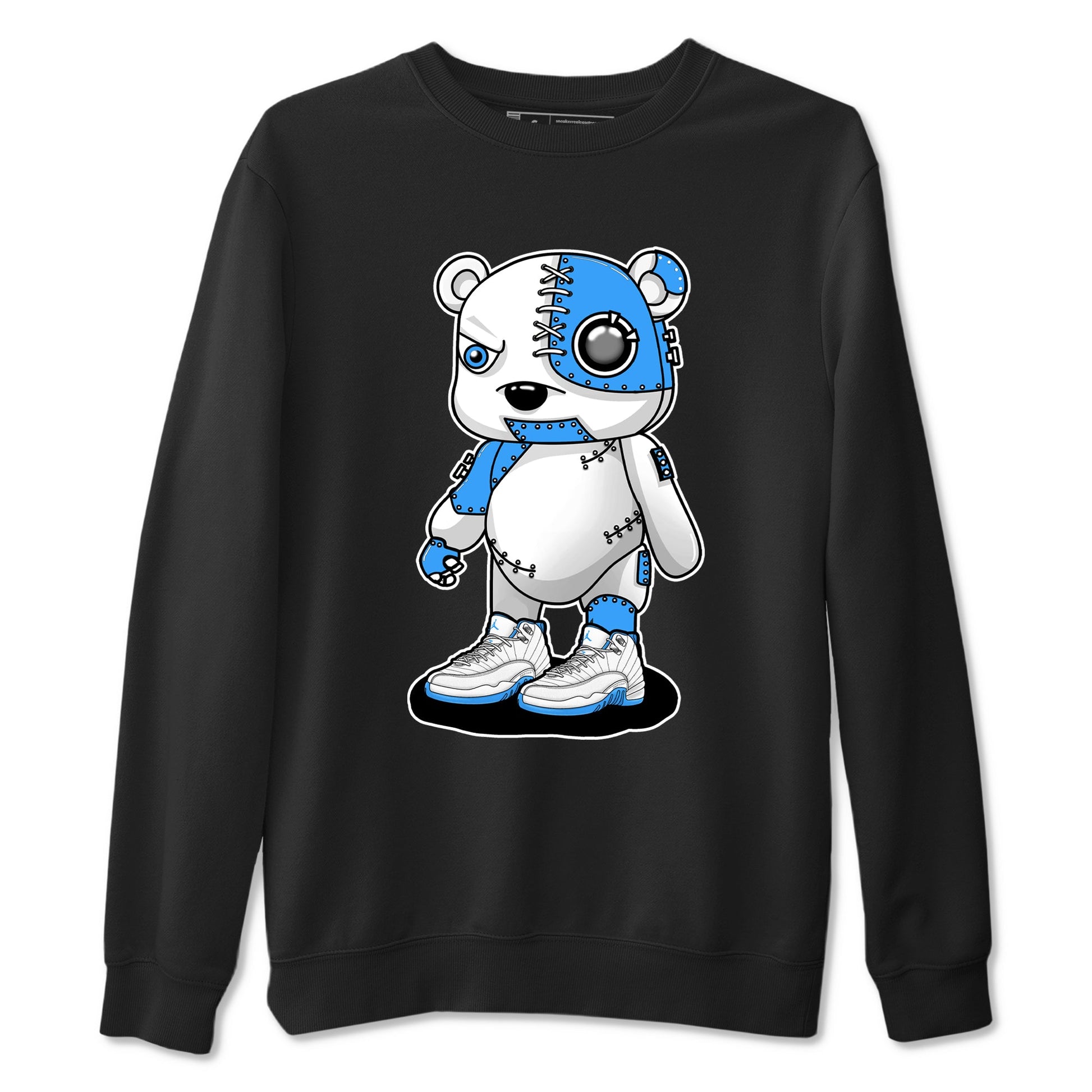 Cyborg Bear sneaker match t-shirt styled to complete your fit with the Air Jordan 12 White and University Blue sneakers, shown in Black 2.