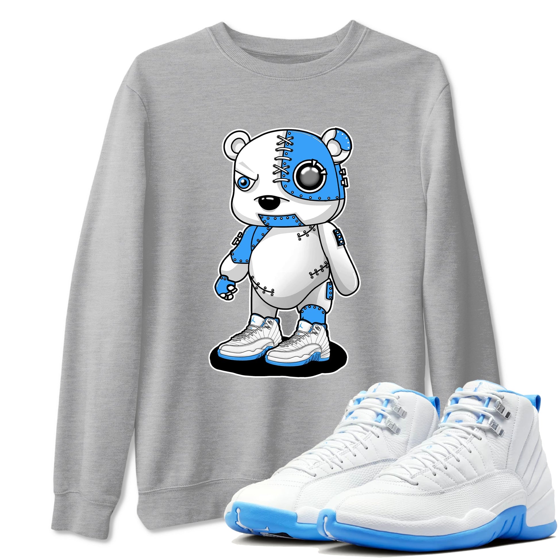 Cyborg Bear sneaker match t-shirt styled to complete your fit with the Air Jordan 12 White and University Blue sneakers, shown in Heather Grey 1.