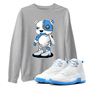 Cyborg Bear sneaker match t-shirt styled to complete your fit with the Air Jordan 12 White and University Blue sneakers, shown in Heather Grey 1.