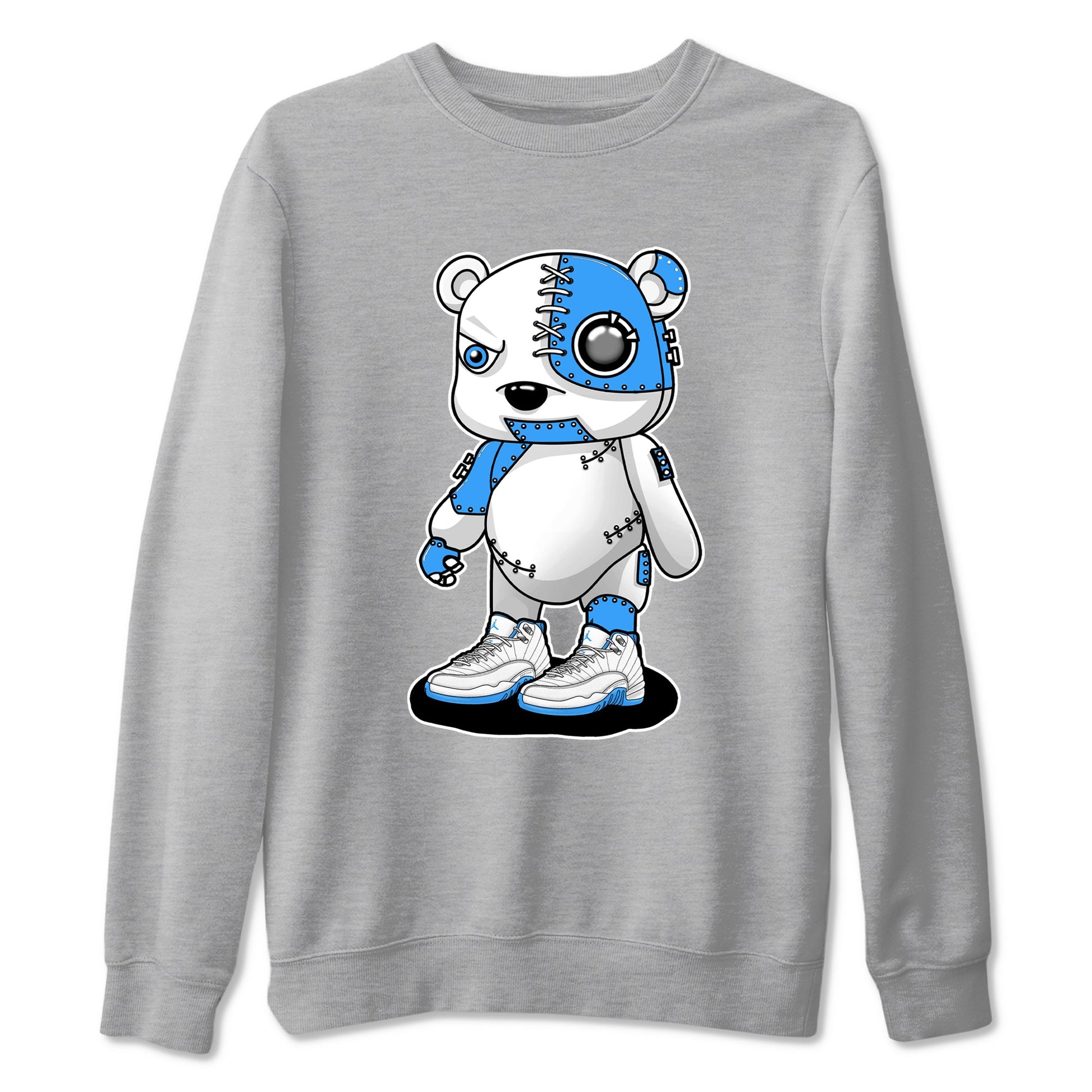 Cyborg Bear sneaker match t-shirt styled to complete your fit with the Air Jordan 12 White and University Blue sneakers, shown in Heather Grey 2.
