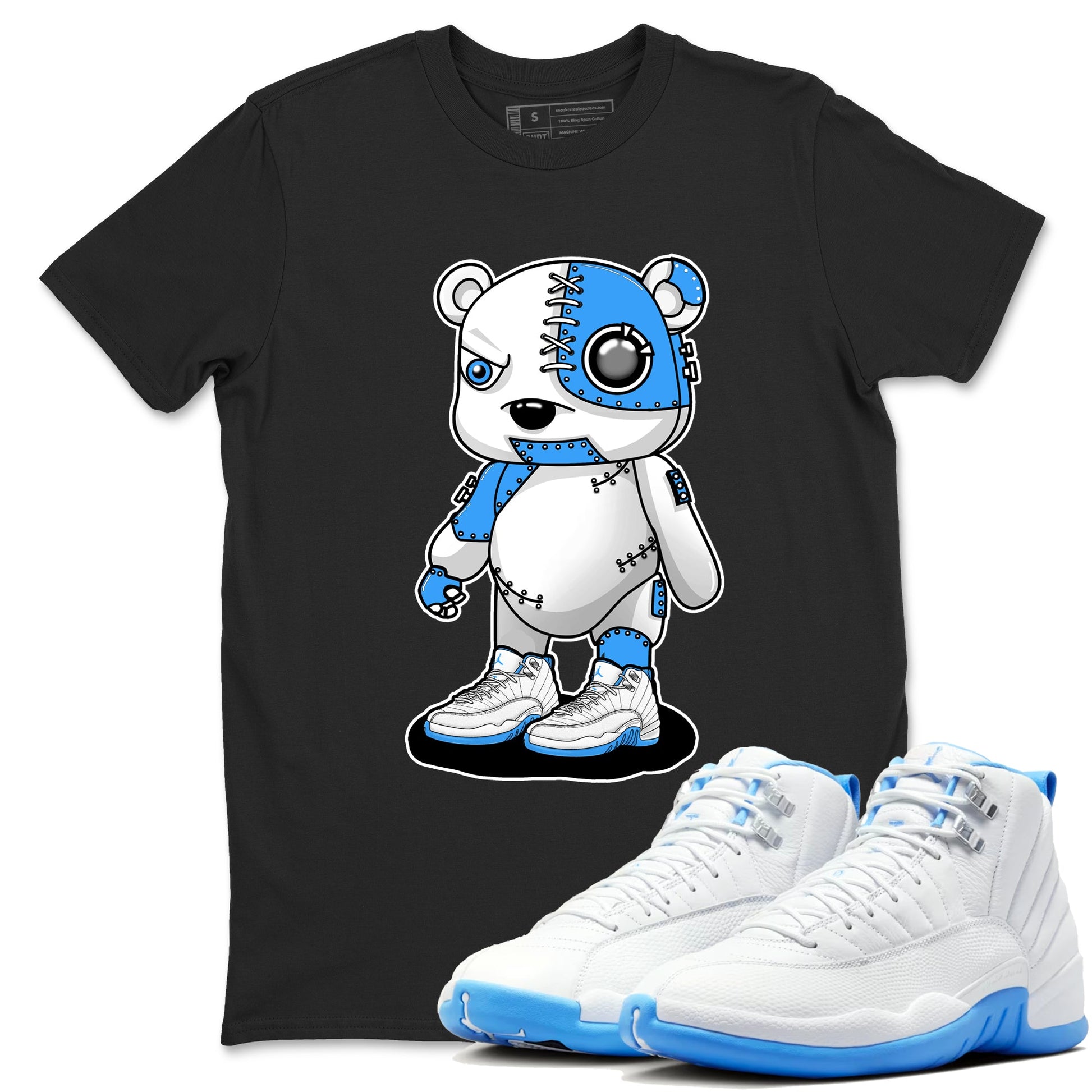 Cyborg Bear sneaker match t-shirt styled to complete your fit with the Air Jordan 12 White and University Blue sneakers, shown in Black 1.