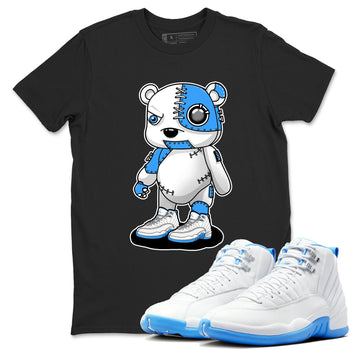 Cyborg Bear sneaker match t-shirt styled to complete your fit with the Air Jordan 12 White and University Blue sneakers, shown in Black 1.