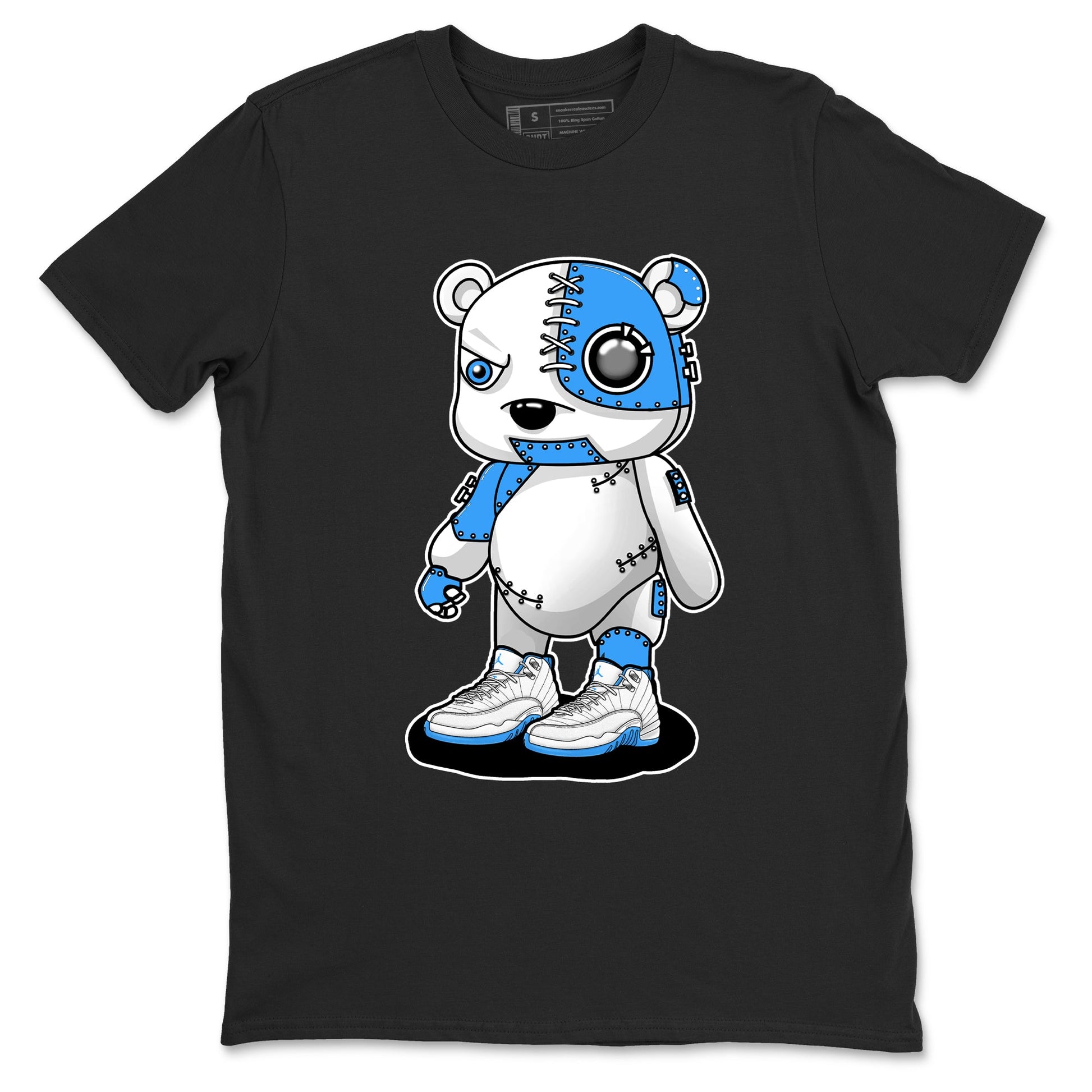 Cyborg Bear sneaker match t-shirt styled to complete your fit with the Air Jordan 12 White and University Blue sneakers, shown in Black 2.