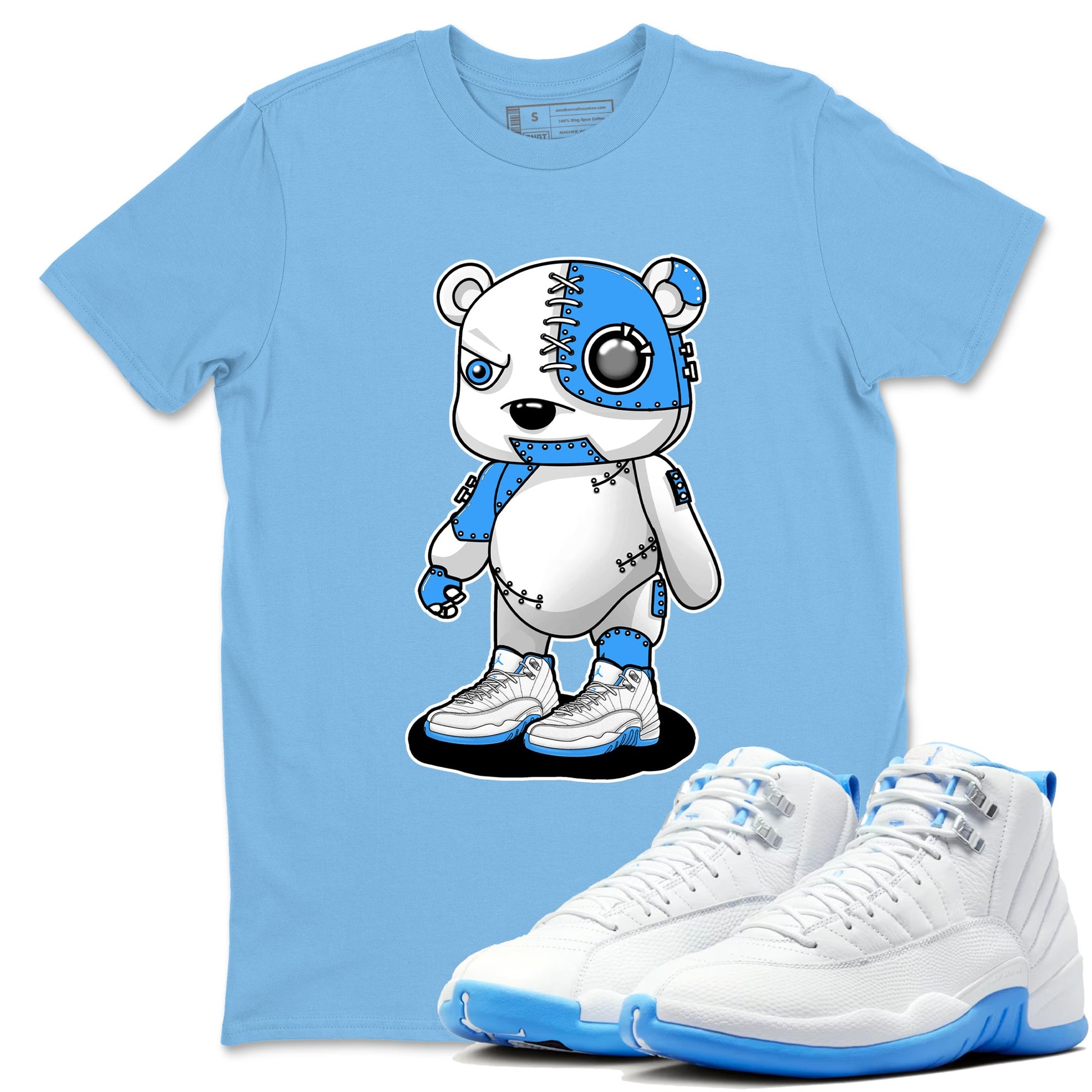 Cyborg Bear sneaker match t-shirt styled to complete your fit with the Air Jordan 12 White and University Blue sneakers, shown in Carolina Blue 1.
