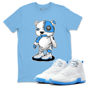 Cyborg Bear sneaker match t-shirt styled to complete your fit with the Air Jordan 12 White and University Blue sneakers, shown in Carolina Blue 1.