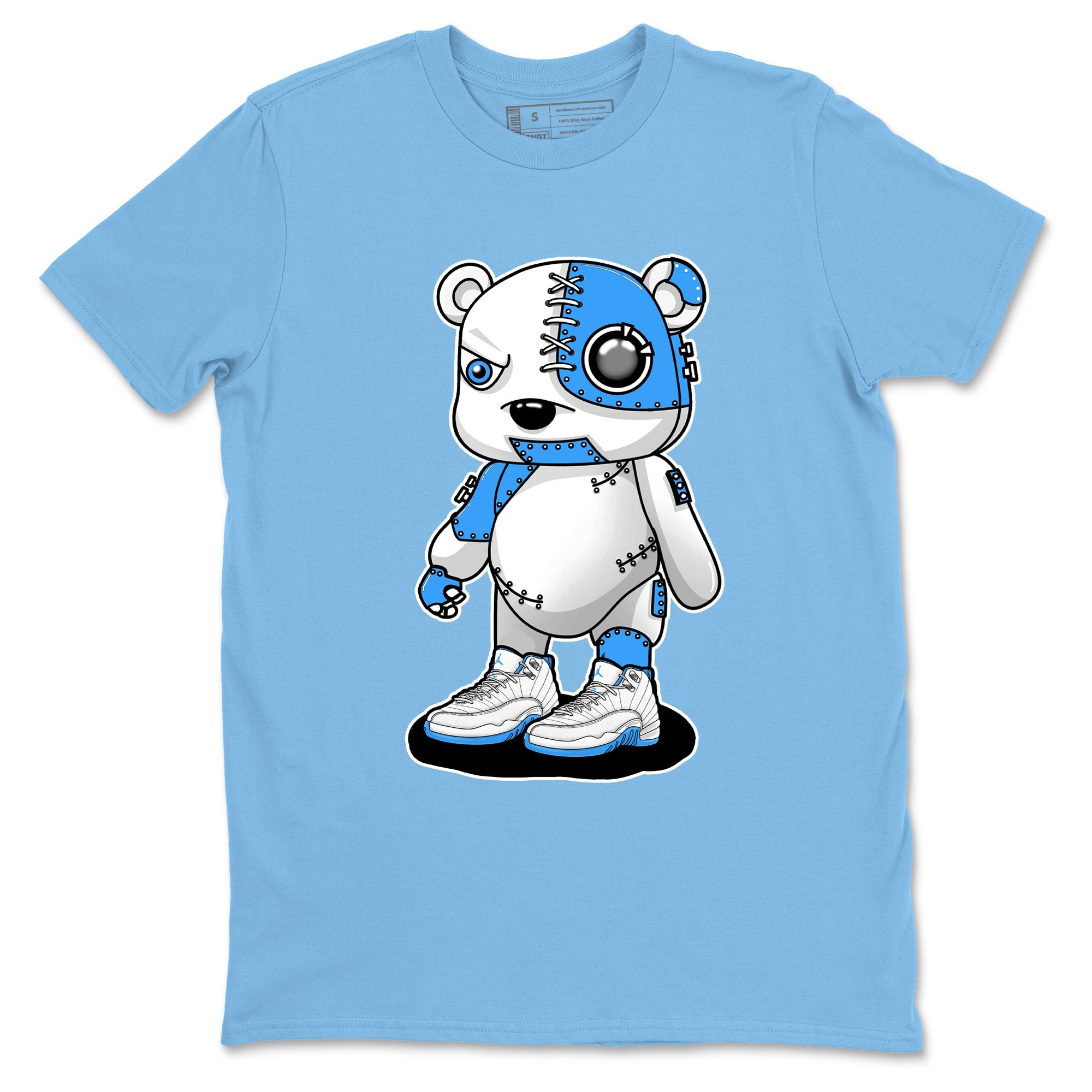 Cyborg Bear sneaker match t-shirt styled to complete your fit with the Air Jordan 12 White and University Blue sneakers, shown in Carolina Blue 2.