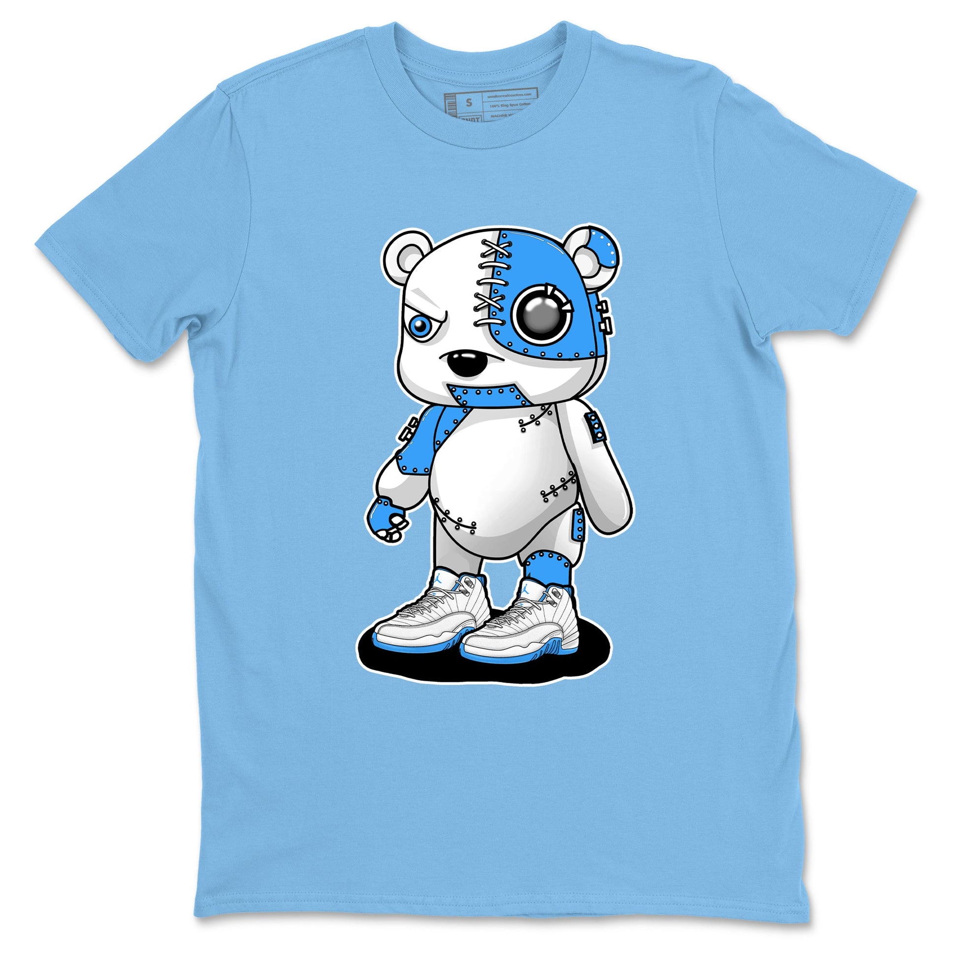 Cyborg Bear sneaker match t-shirt styled to complete your fit with the Air Jordan 12 White and University Blue sneakers, shown in Carolina Blue 2.