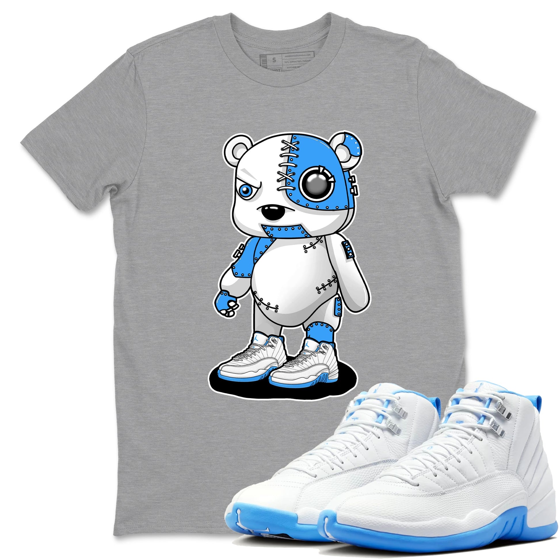 Cyborg Bear sneaker match t-shirt styled to complete your fit with the Air Jordan 12 White and University Blue sneakers, shown in Heather Grey 1.