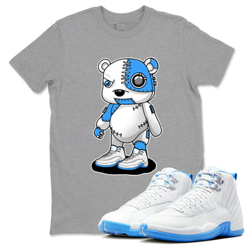 Cyborg Bear sneaker match t-shirt styled to complete your fit with the Air Jordan 12 White and University Blue sneakers, shown in Heather Grey 1.