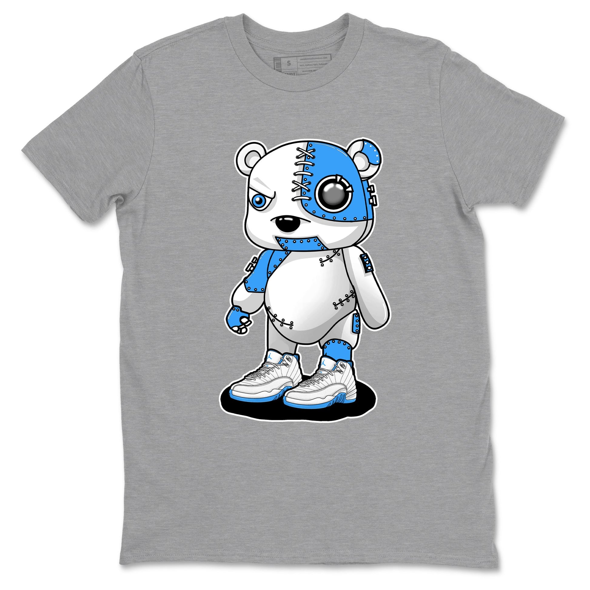 Cyborg Bear sneaker match t-shirt styled to complete your fit with the Air Jordan 12 White and University Blue sneakers, shown in Heather Grey 2.