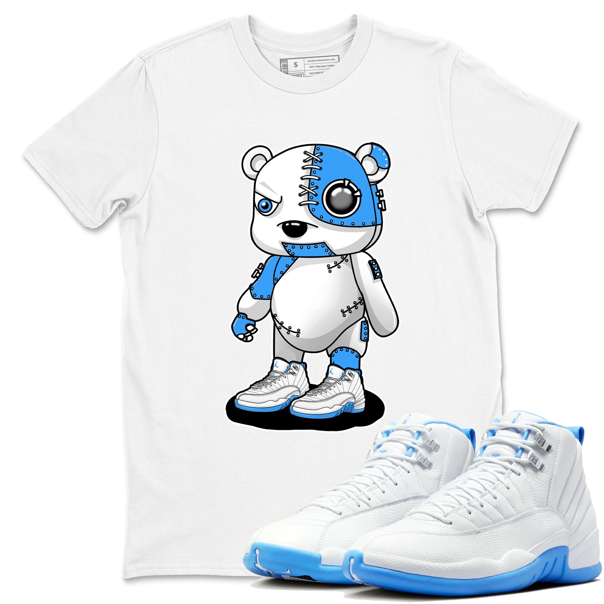 Cyborg Bear sneaker match t-shirt styled to complete your fit with the Air Jordan 12 White and University Blue sneakers, shown in White 1.