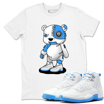 Cyborg Bear sneaker match t-shirt styled to complete your fit with the Air Jordan 12 White and University Blue sneakers, shown in White 1.