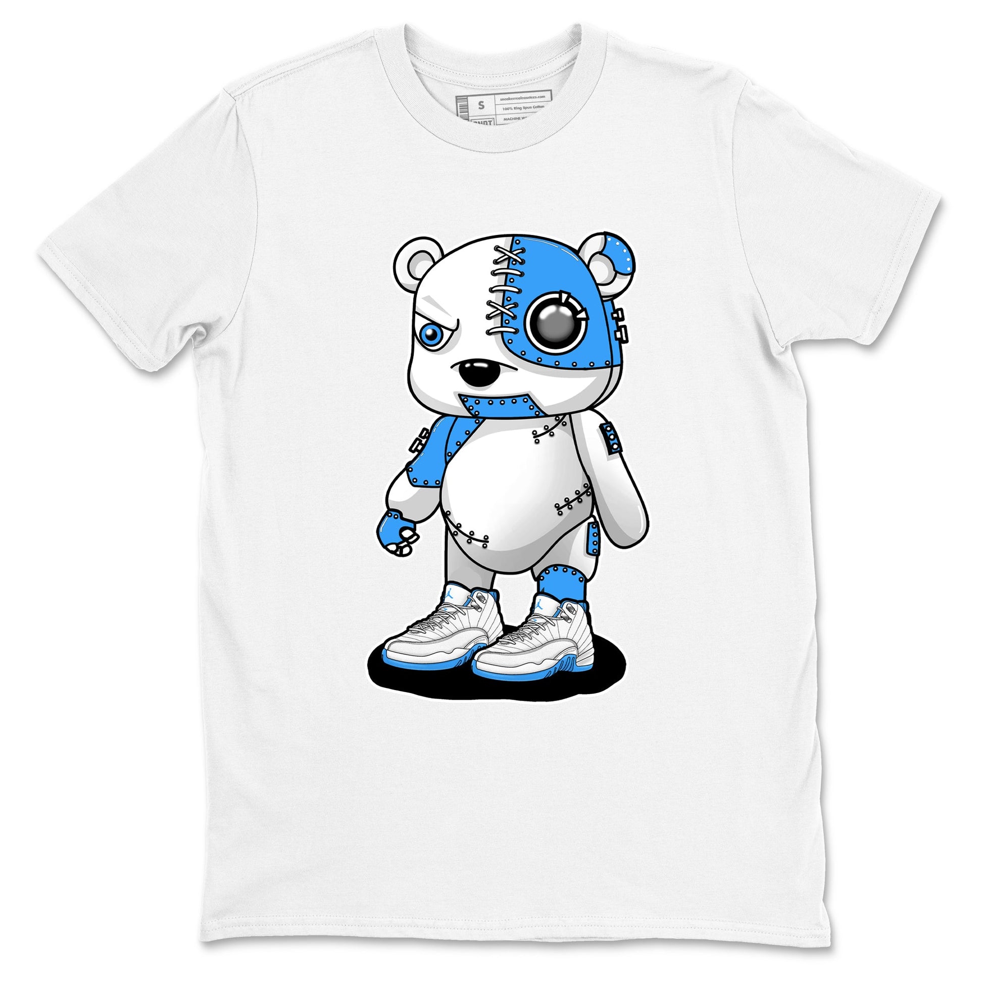 Cyborg Bear sneaker match t-shirt styled to complete your fit with the Air Jordan 12 White and University Blue sneakers, shown in White 2.
