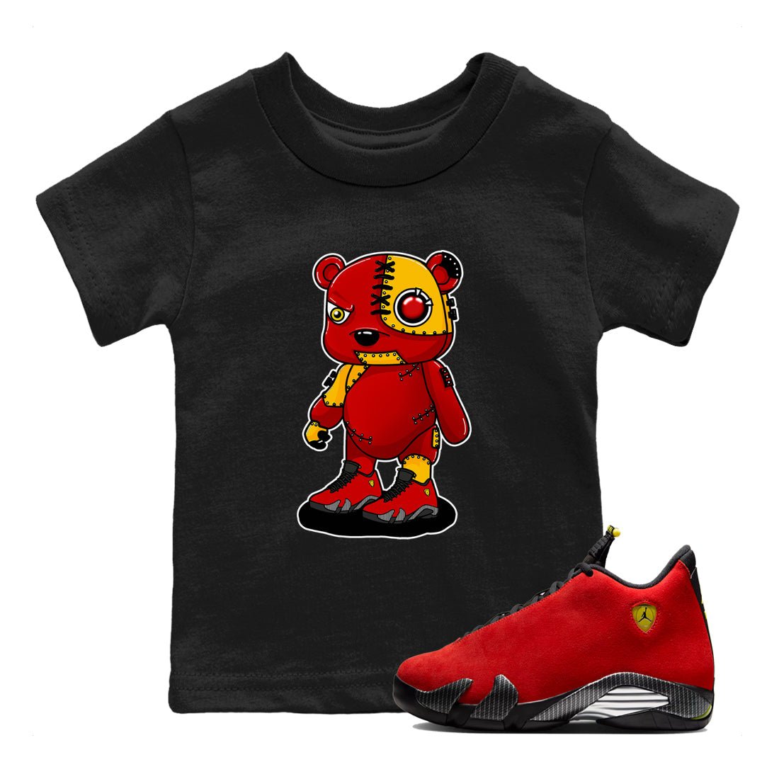 Cyborg Bear baby and kids t-shirt crafted for little sneakerheads to shine with the Air Jordan 14 Challenge Red sneakers, displayed in Black 1.