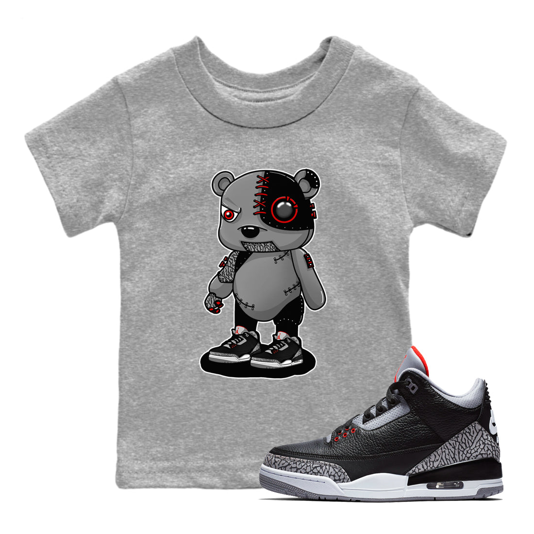 3s Black Cement shirts to match jordans Cyborg Bear sneaker match tees Air Jordan 3 Retro OG Black Cement match shoes to clothes SNRT Sneaker Tees Youth Baby Heather Grey 1 tee