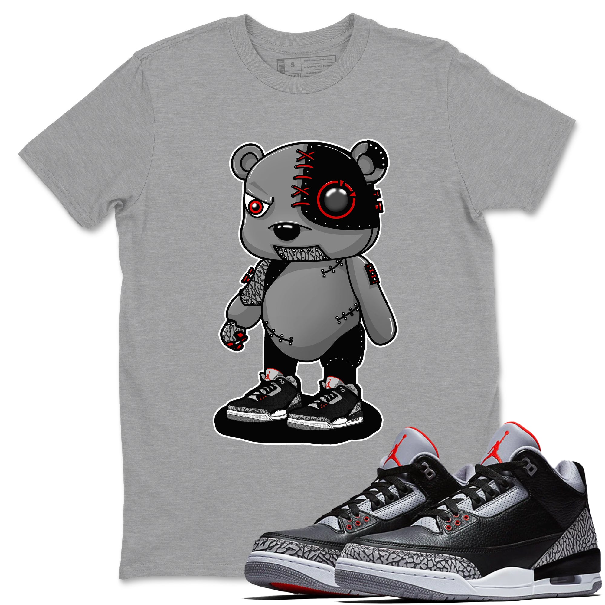 3s Black Cement shirts to match jordans Cyborg Bear sneaker match tees Air Jordan 3 Retro OG Black Cement match shoes to clothes SNRT Sneaker Tees unisex cotton Heather Grey 1 shirts