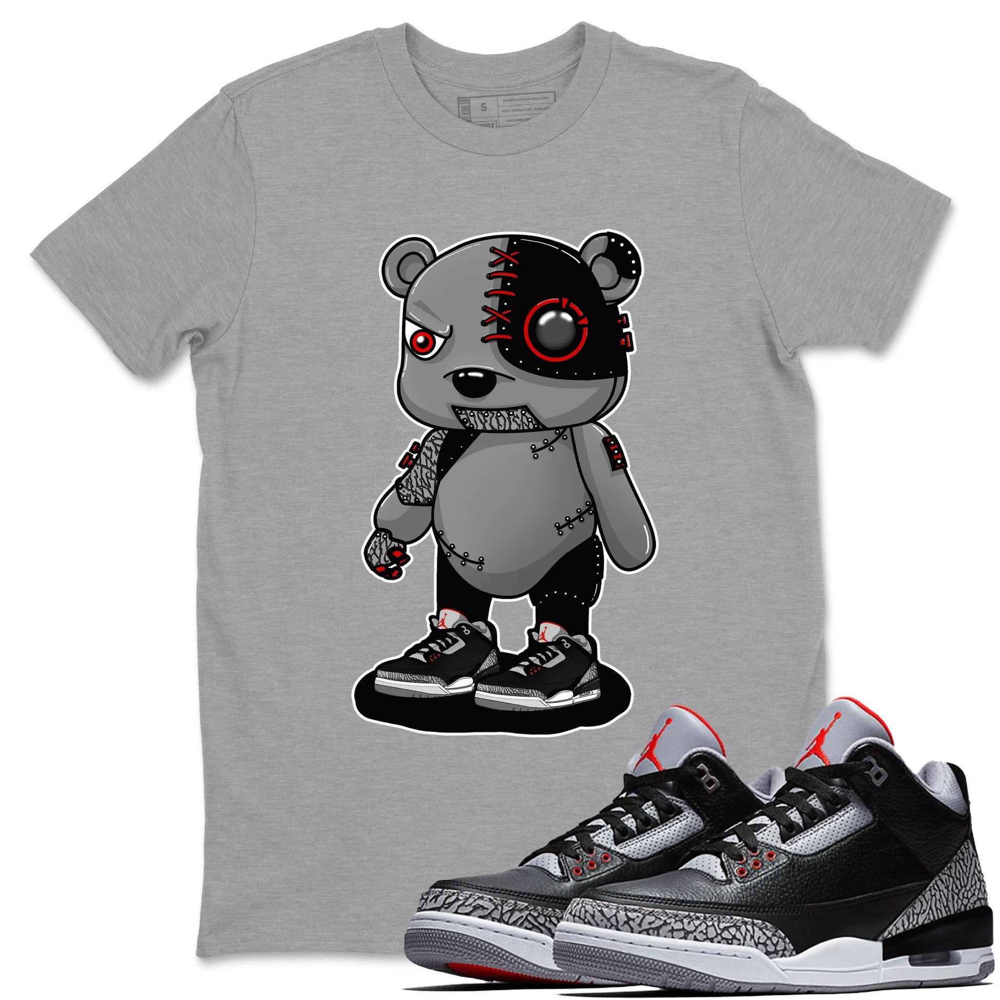 3s Black Cement shirts to match jordans Cyborg Bear sneaker match tees Air Jordan 3 Retro OG Black Cement match shoes to clothes SNRT Sneaker Tees unisex cotton Heather Grey 1 shirts
