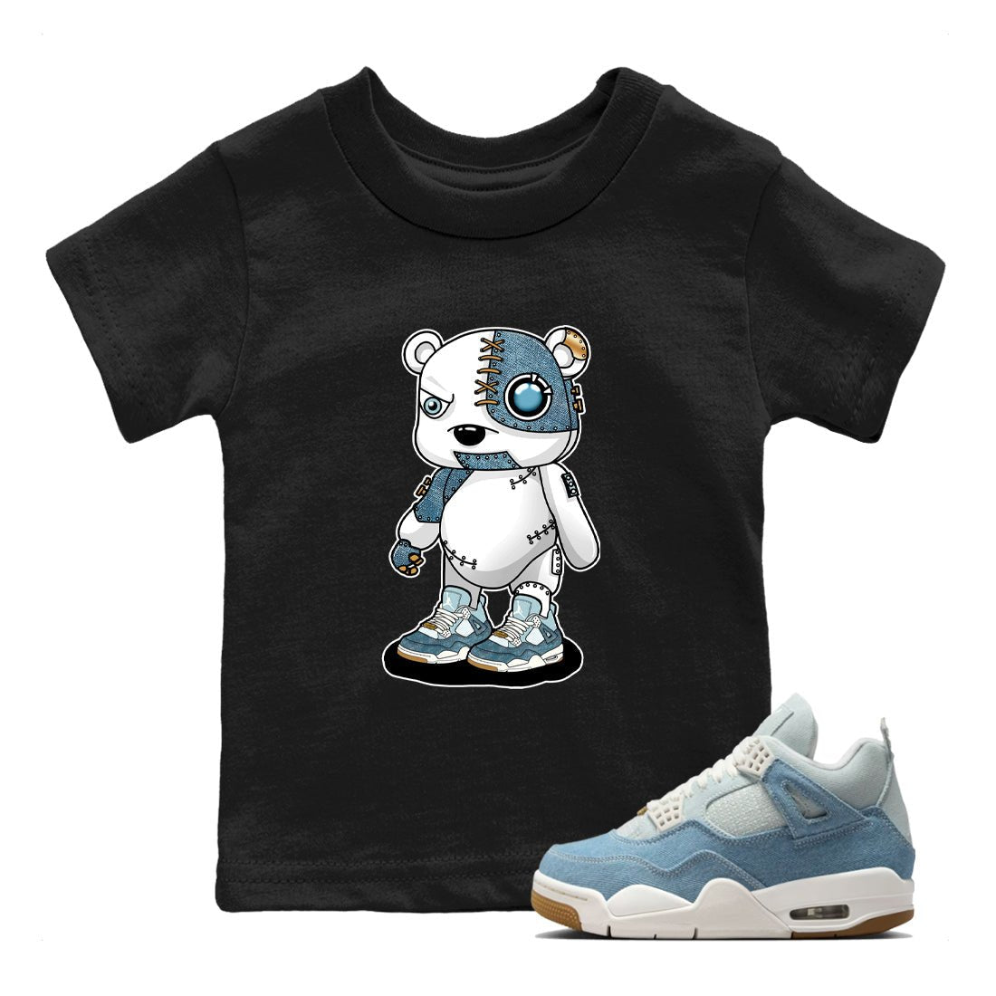 Sneaker match tees – Sneaker Tees To Match 4s Worn Blue Air Jordan 4 Denim Shoes – Cyborg Bear Kids T-Shirt Black 1