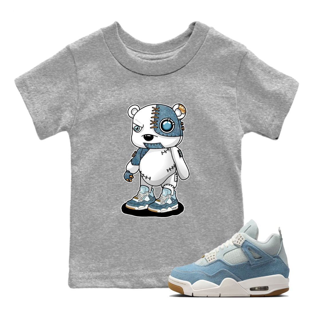 Sneaker match tees – Sneaker Tees To Match 4s Worn Blue Air Jordan 4 Denim Shoes – Cyborg Bear Kids T-Shirt Heather Grey 1
