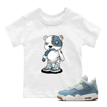 Sneaker match tees – Sneaker Tees To Match 4s Worn Blue Air Jordan 4 Denim Shoes – Cyborg Bear Kids T-Shirt White 1