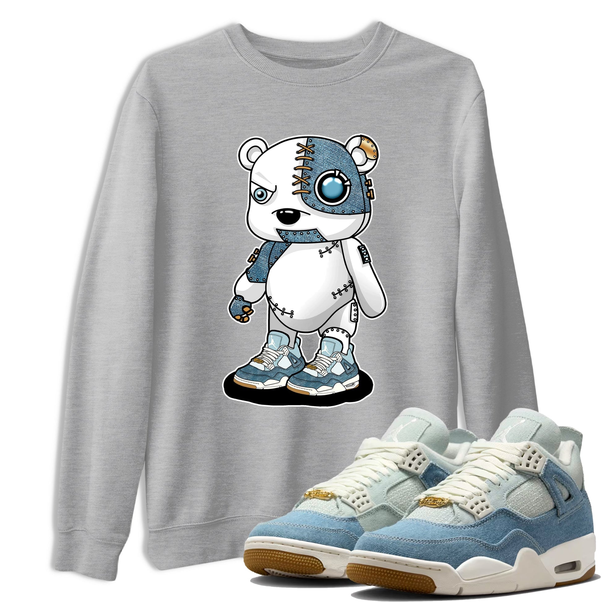 Sneaker match tees – Sneaker Tees To Match 4s Worn Blue Air Jordan 4 Denim Shoes – Cyborg Bear Tee Heather Grey 1
