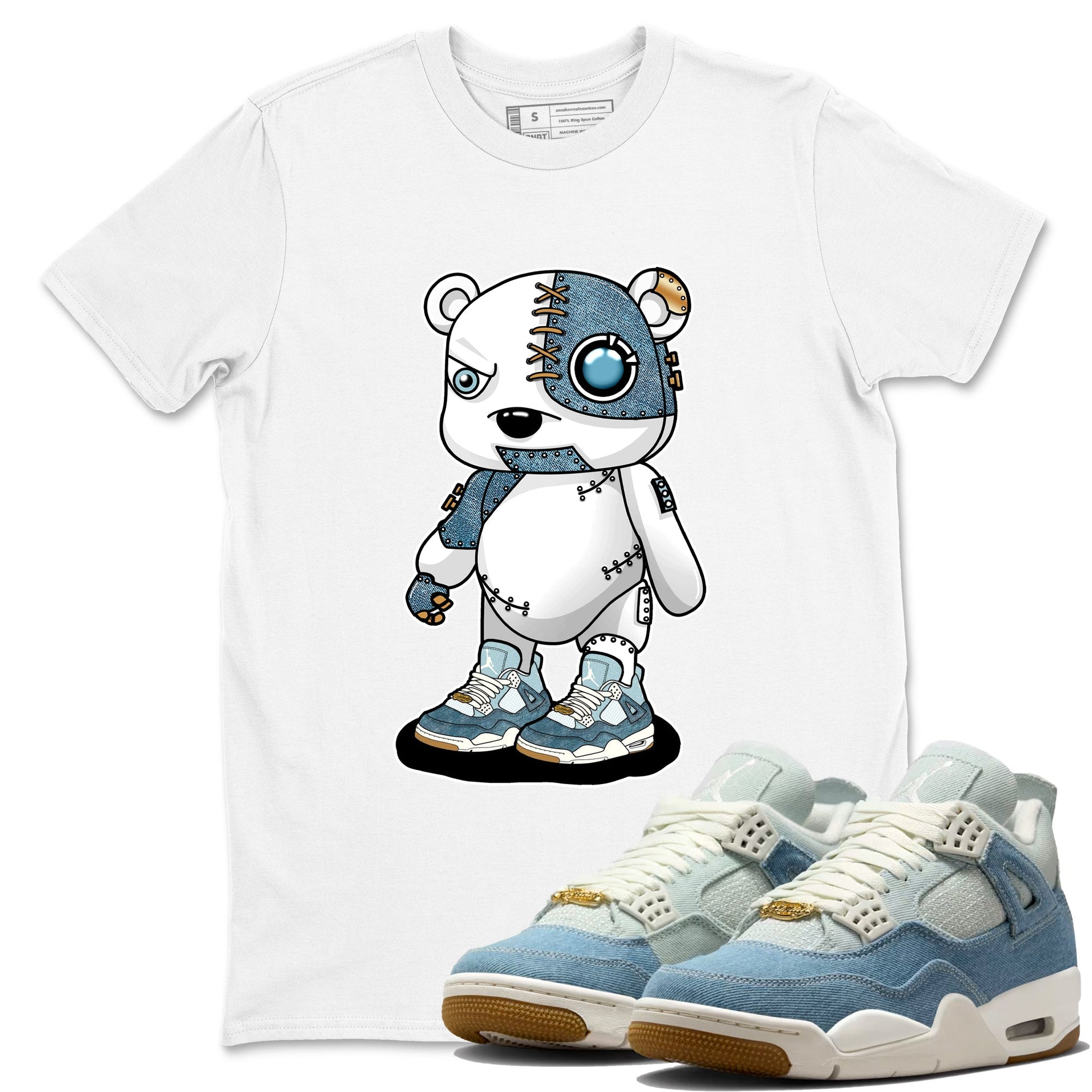 Sneaker match tees – Sneaker Tees To Match 4s Worn Blue Air Jordan 4 Denim Shoes – Cyborg Bear Tee White 1