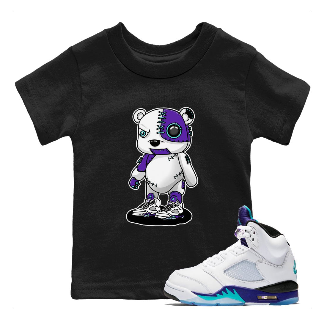 Cyborg Bear baby and kids t-shirt crafted for little sneakerheads to shine with the Air Jordan 5 Grape sneakers, displayed in Black 1.