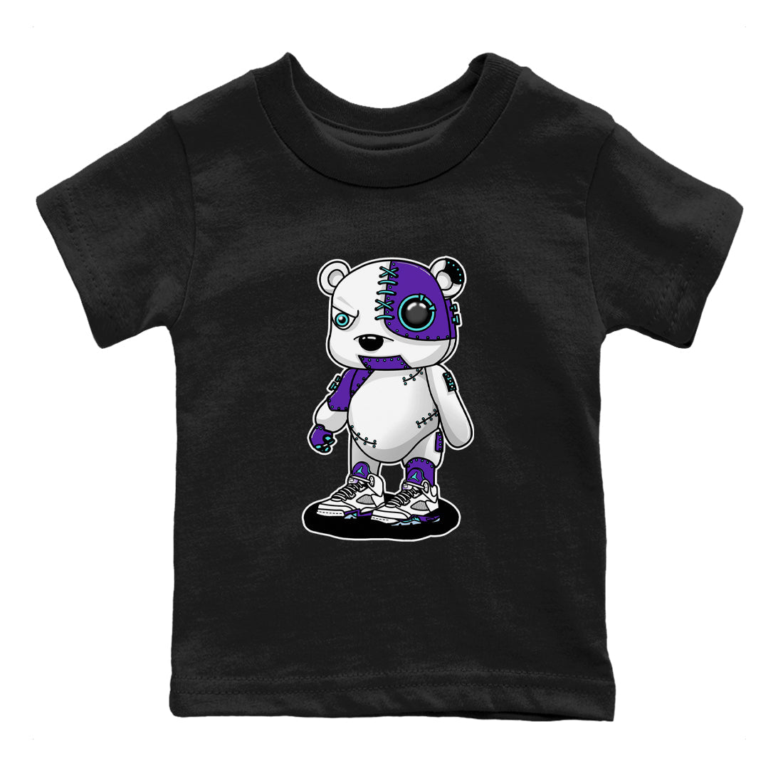 Cyborg Bear baby and kids t-shirt crafted for little sneakerheads to shine with the Air Jordan 5 Grape sneakers, displayed in Black 2.