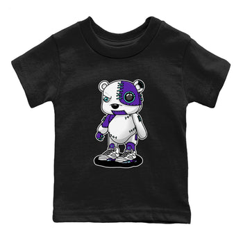 Cyborg Bear baby and kids t-shirt crafted for little sneakerheads to shine with the Air Jordan 5 Grape sneakers, displayed in Black 2.