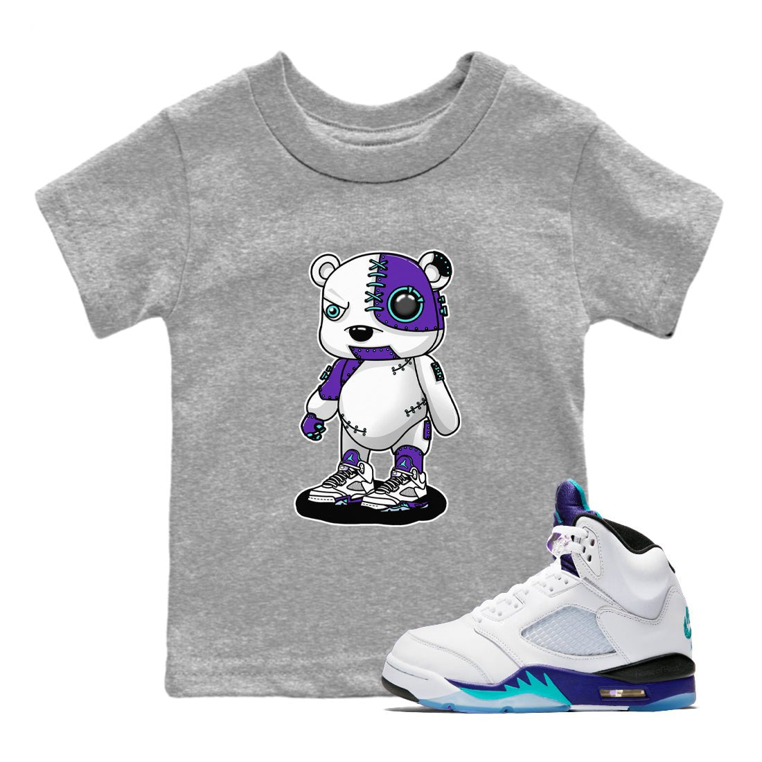 Cyborg Bear baby and kids t-shirt crafted for little sneakerheads to shine with the Air Jordan 5 Grape sneakers, displayed in Heather Grey 1.