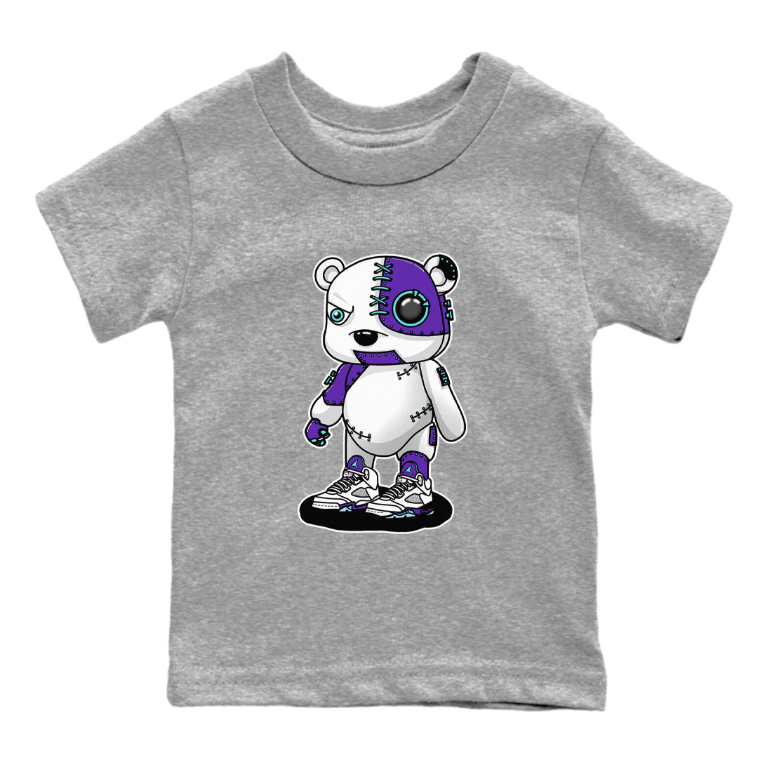 Cyborg Bear baby and kids t-shirt crafted for little sneakerheads to shine with the Air Jordan 5 Grape sneakers, displayed in Heather Grey 2.